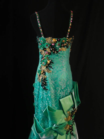 Vintage Mermaid Spaghetti Straps Green Lace 80s With Beaded Appliqued Long Prom Max Dresses Inspo 18th Birthday Outfit Formal Dress For Women AS444