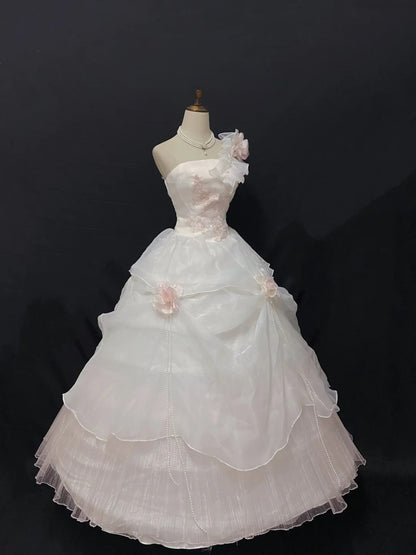 Cute Ball Gown One Shoulder Pink Tulle Long With Flowers Quince Dress inspo Quinceanera Dresses Formal 18th Birthday Outfit RB7901