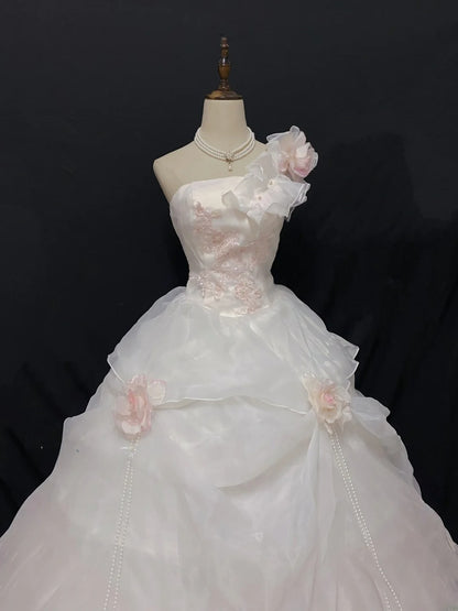 Cute Ball Gown One Shoulder Pink Tulle Long With Flowers Quince Dress inspo Quinceanera Dresses Formal 18th Birthday Outfit RB7901