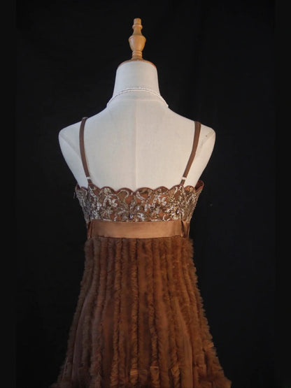 Vintage A line Spaghetti Straps Brown Tulle With Lace 18th Birthday Dress Homecoming Dresses Cocktail Gown AS445