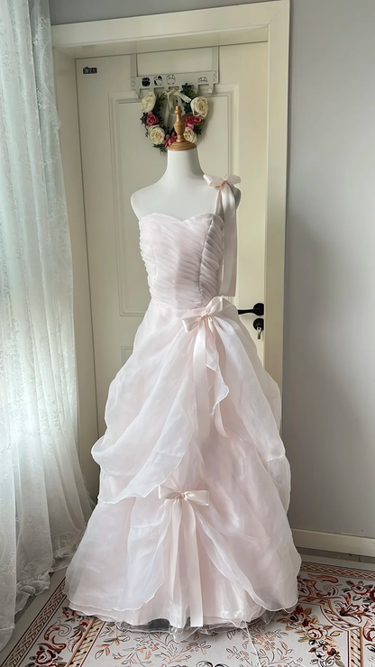 Elegant Prom Dresses Ball Gown One Shoulder Light Pink With Tiered Ruffled Long Graduation Dance Outfits RC0763