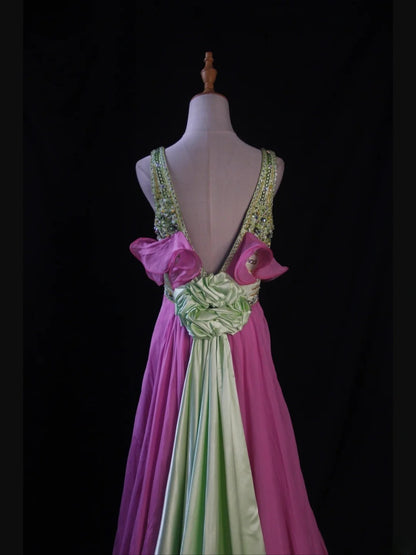 Vintage A Line V Neck Green Tops Chiffon Pink 80s With Beaded Bodice Long Prom Dresses Inspo Birthday Outfit Formal Dress For Women AS446