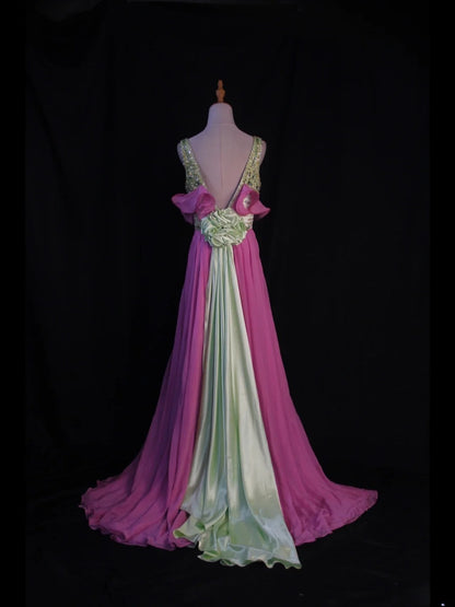 Vintage A Line V Neck Green Tops Chiffon Pink 80s With Beaded Bodice Long Prom Dresses Inspo Birthday Outfit Formal Dress For Women AS446