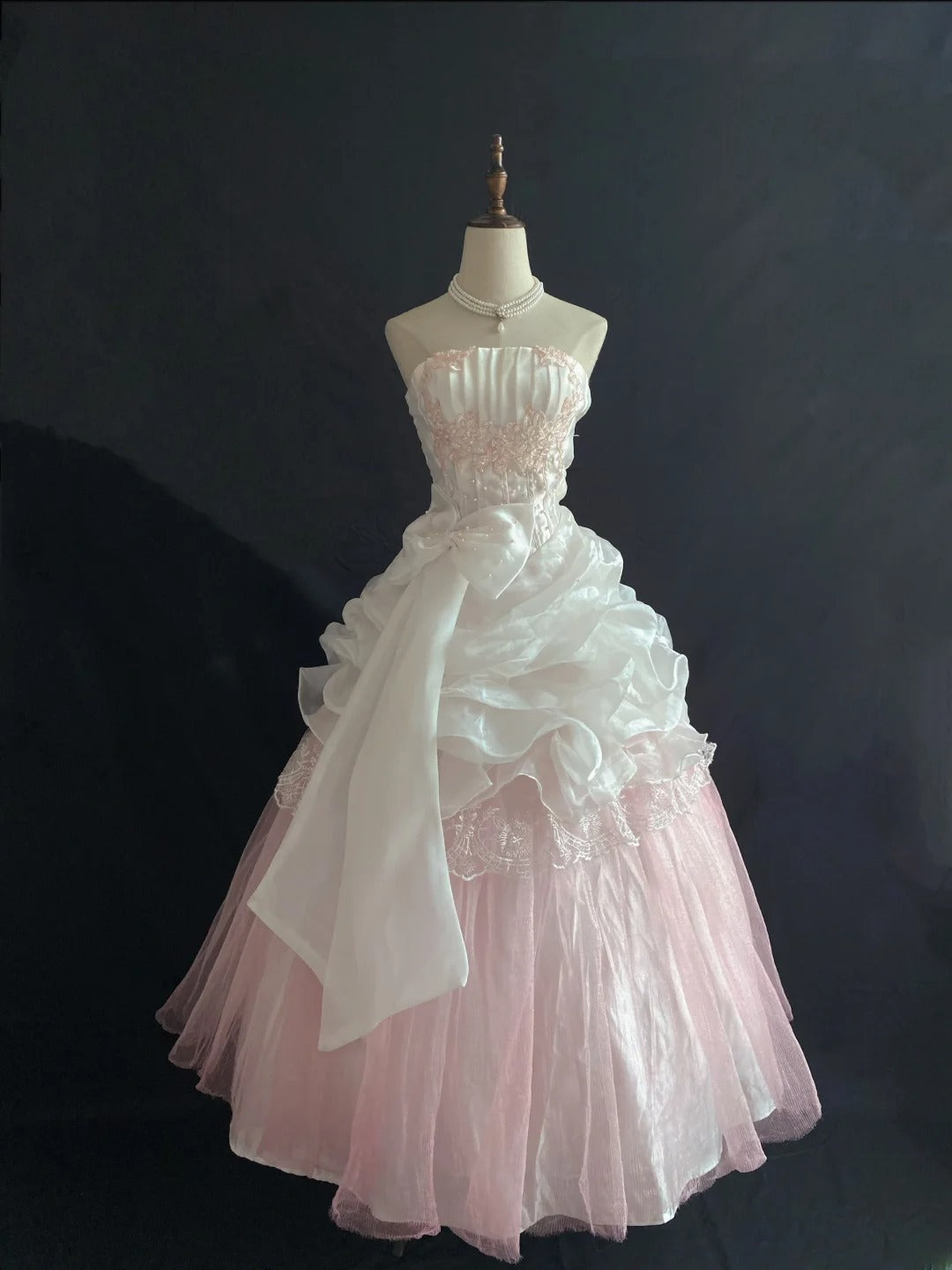 Princesses Ball Gown Strapless Pink Tulle Long With Lace Bow-knot Quince Dress inspo Quinceanera Dresses Formal 18th Birthday Outfit RB7903