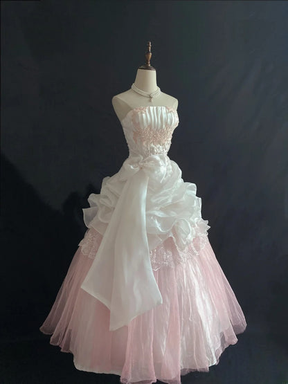 Princesses Ball Gown Strapless Pink Tulle Long With Lace Bow-knot Quince Dress inspo Quinceanera Dresses Formal 18th Birthday Outfit RB7903