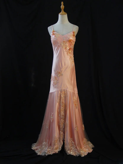 Vintage Mermaid Spaghetti Straps Blush Pink Lace 80s With Beads Appliques Long Prom Max Dresses Inspo 18th Birthday Outfit Formal Dress For Women AS448