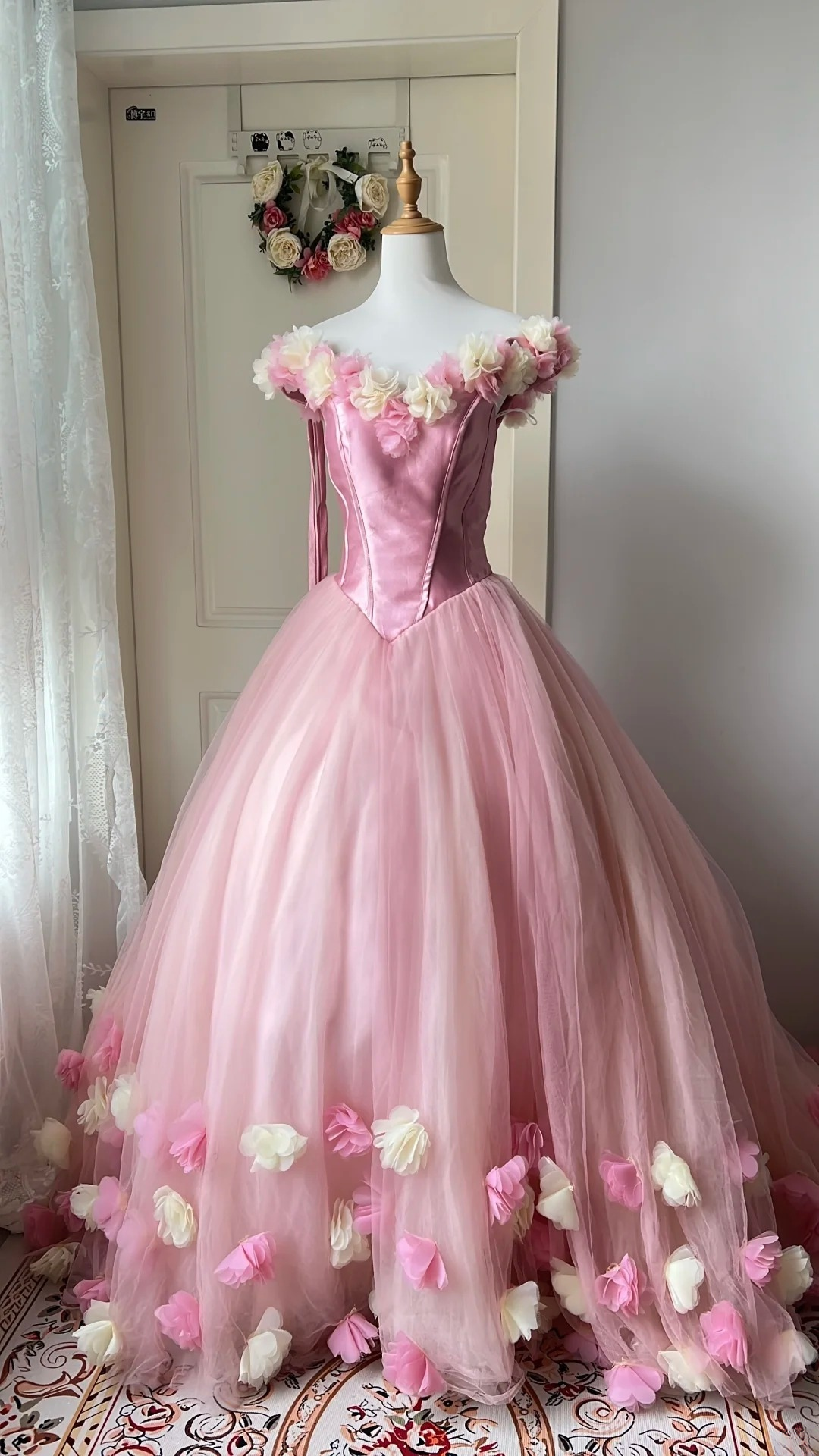 Sweet 16 Dress Ideas Ball Gown Off Shoulder With Flowers Tulle Pink Ball Gown Sweet Sixteen 16th Birthday Dresses RC0765