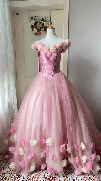 Sweet 16 Dress Ideas Ball Gown Off Shoulder With Flowers Tulle Pink Ball Gown Sweet Sixteen 16th Birthday Dresses RC0765