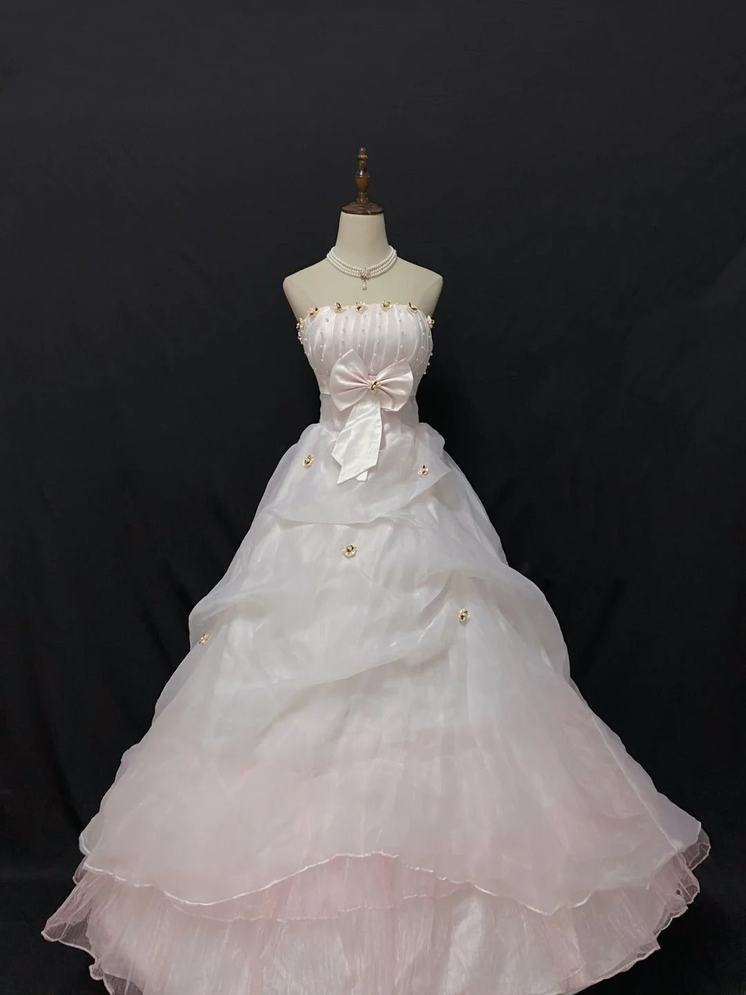 Princesses Ball Gown Strapless Pink Tulle Long With Beading Bow-knot Quince Dress inspo Quinceanera Dresses Formal 18th Birthday Outfit RB7904