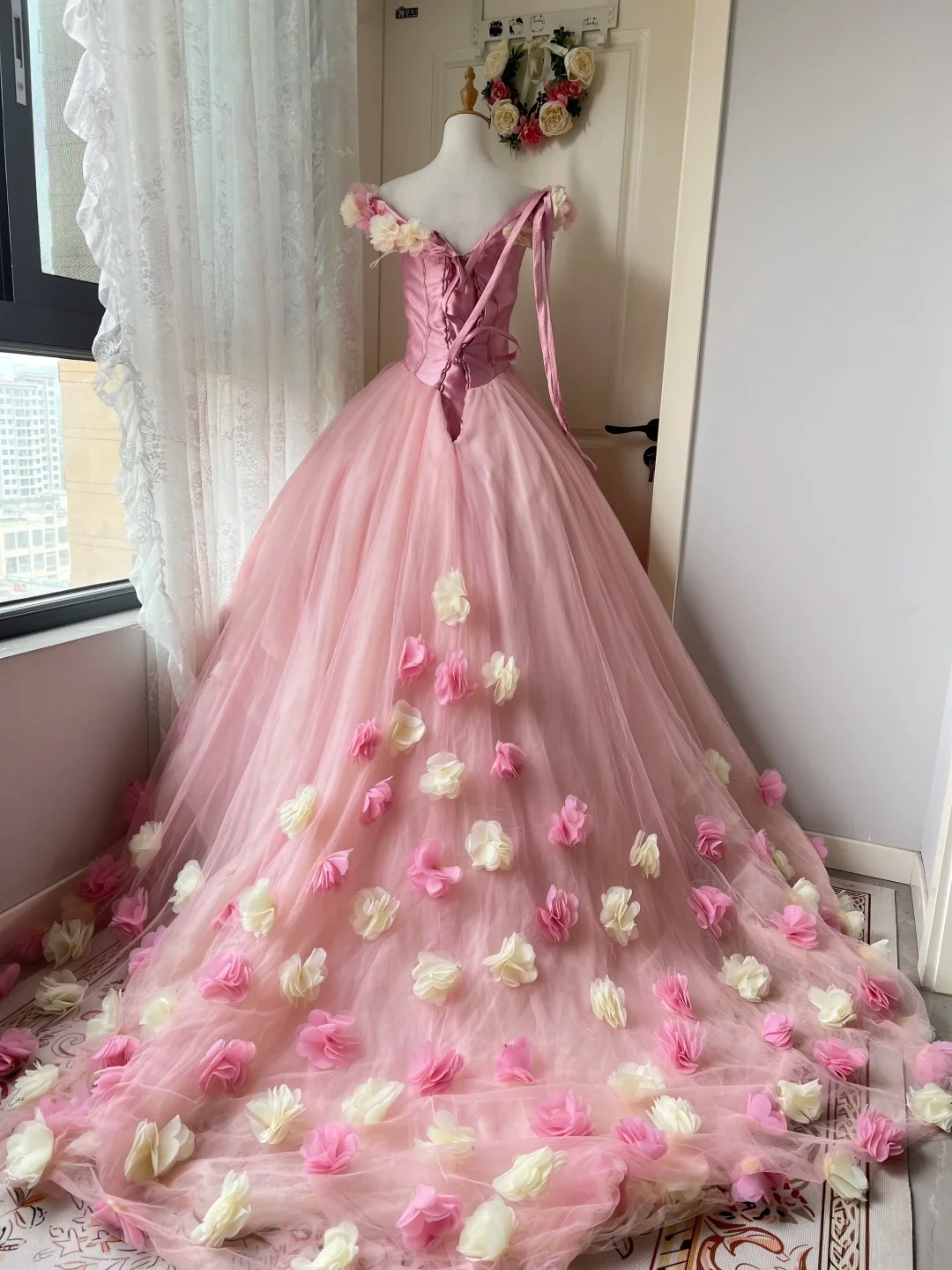 Sweet 16 Dress Ideas Ball Gown Off Shoulder With Flowers Tulle Pink Ball Gown Sweet Sixteen 16th Birthday Dresses RC0765