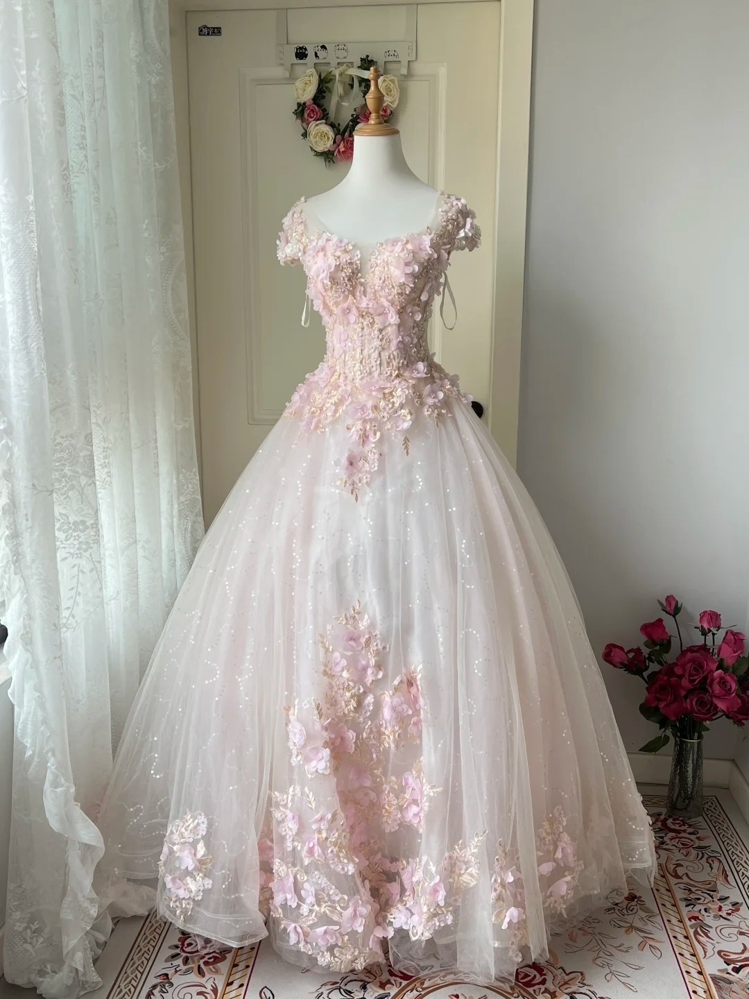 Sweet 16 Dress Ideas Ball Gown Square Neck With 3D Flowers Lace Tulle Pink Ball Gown Sweet Sixteen 16th Birthday Dresses RC0766