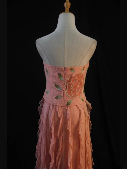 Retro 1950s A Line Strapless Pink Chiffon With Beads Long Prom Dresses Inspo 22th Birthday Outfit Formal Dress AS449