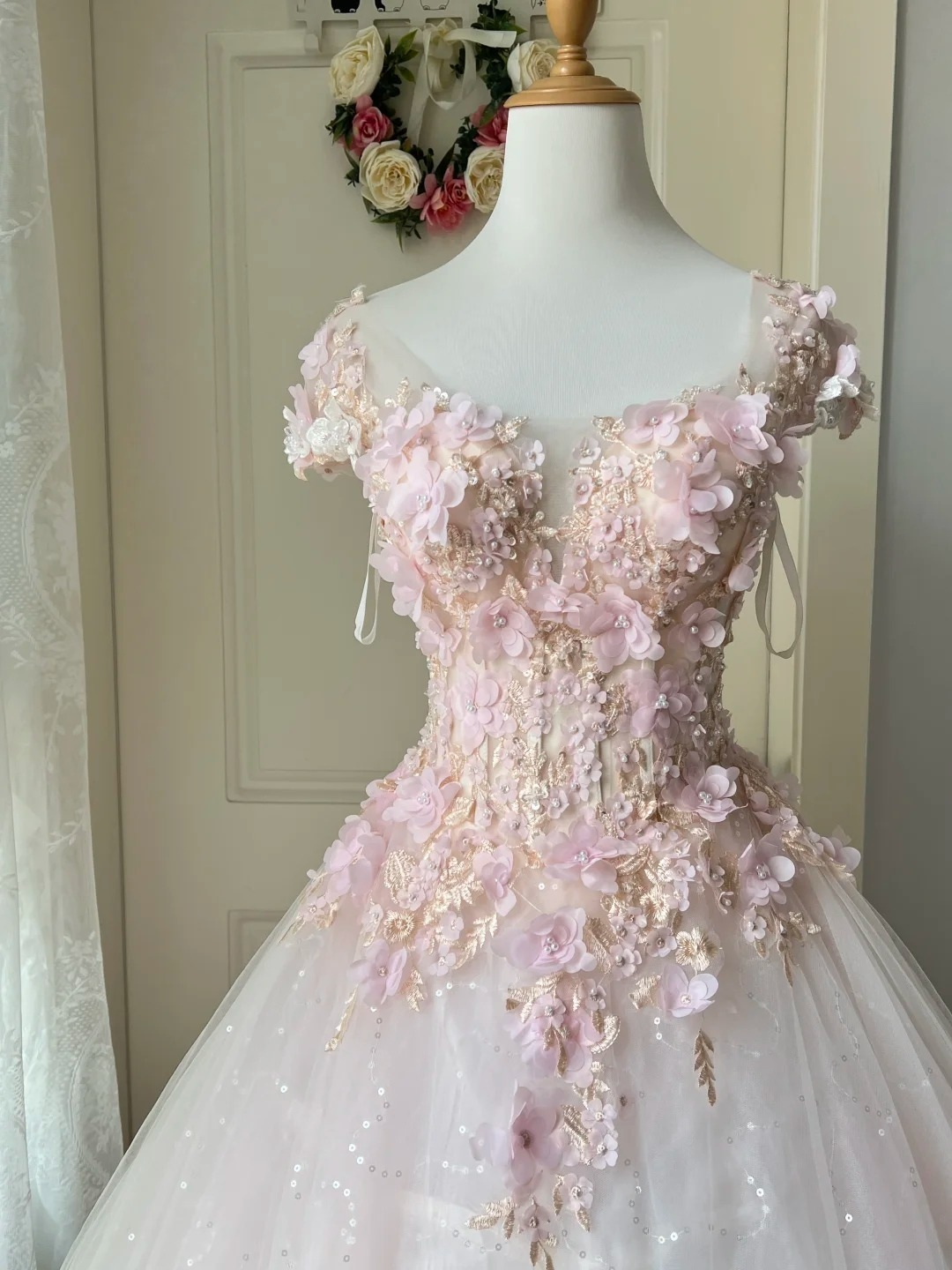 Sweet 16 Dress Ideas Ball Gown Square Neck With 3D Flowers Lace Tulle Pink Ball Gown Sweet Sixteen 16th Birthday Dresses RC0766