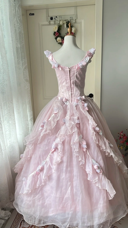 Elegant Prom Dresses Ball Gown Pink With Flowers Tulle Long Graduation Dance Outfits RC0767