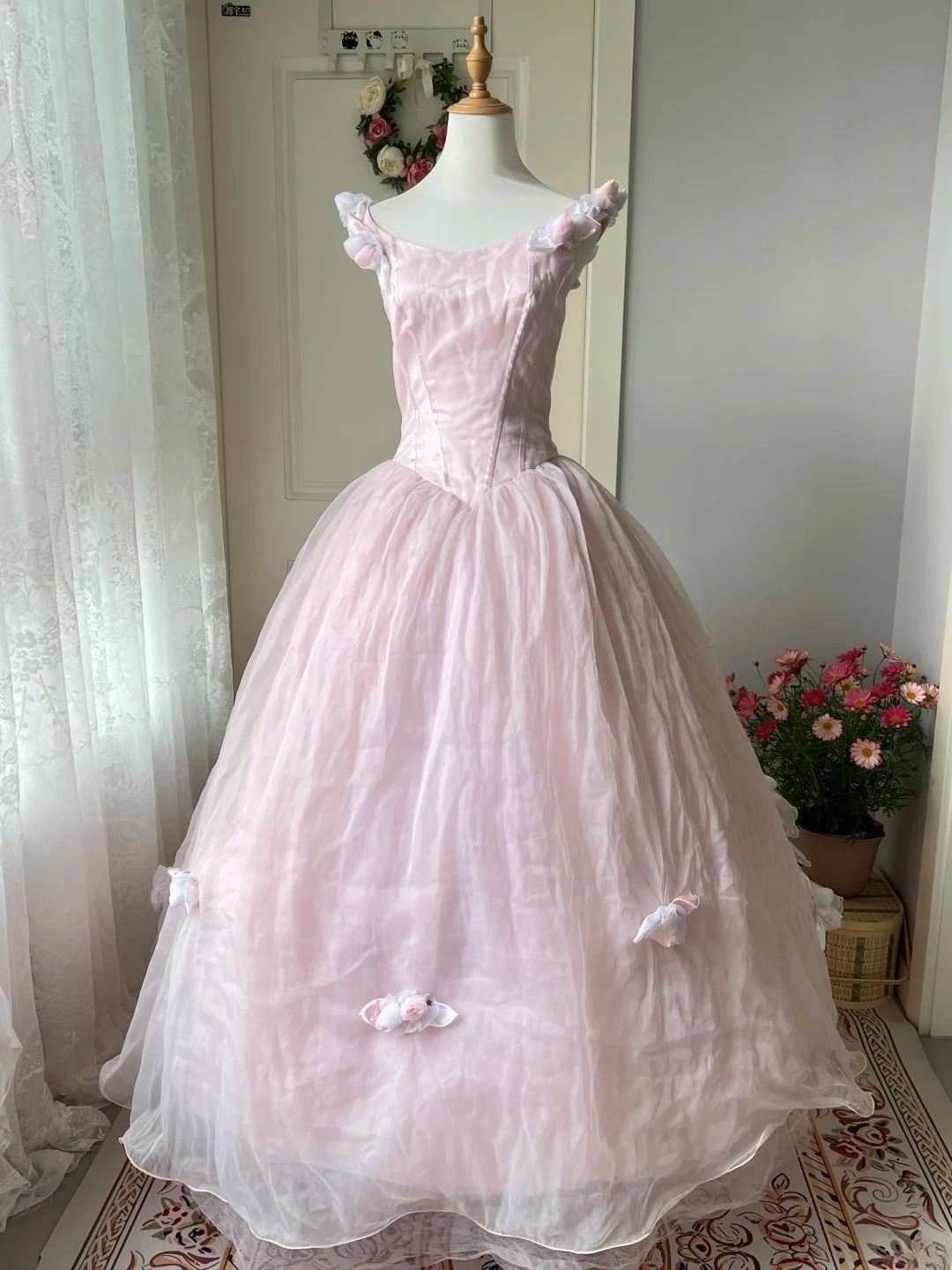 Elegant Prom Dresses Ball Gown Pink With Flowers Tulle Long Graduation Dance Outfits RC0767