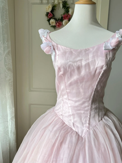 Elegant Prom Dresses Ball Gown Pink With Flowers Tulle Long Graduation Dance Outfits RC0767