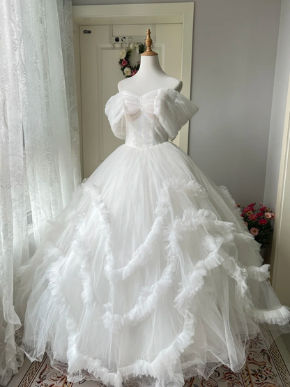 White Wedding Dress Ball Gown Off The Shoulder With Sleeves Tulle Long Bridal Gown RC0768