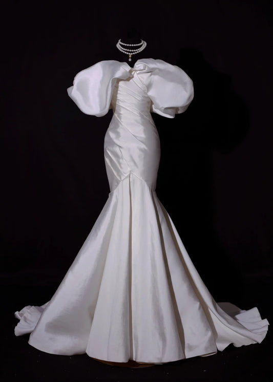 Classic Long Wedding Gowns Mermaid Off The Shoulder Satin Style for Bride With Pleated Bodice Train White Bridal Dress AS451