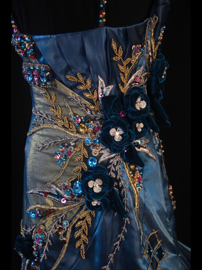Vintage Mermaid Spaghetti Straps Royal Blue Satin Silver Satin 70s With Beads Long Prom Max Dresses Inspo 18th Birthday Outfit Formal Dress For Women AS451