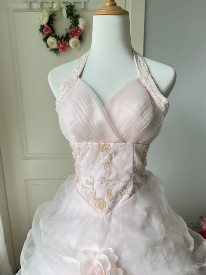 Sweet 15 Dress Quinceanera Dresses Ball Gown Halter Pink With Tiered Flower Long 16th Birthday Outfits RC0768