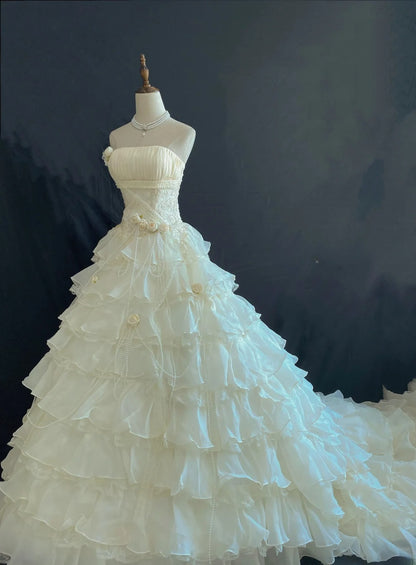 Aesthetic Ball Gown Strapless Organza Long With Tiered Layers Appliqued Quince Dress inspo Quinceanera Dresses Formal 18th Birthday Outfit RB7908