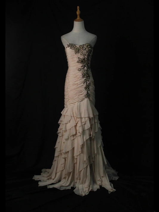 Vintage Mermaid Sweetheart Champagne Chiffon 1950s With Ruffled Layered Bodice Long Prom Dresses Inspo 18th Birthday Outfit Formal Gown AS453