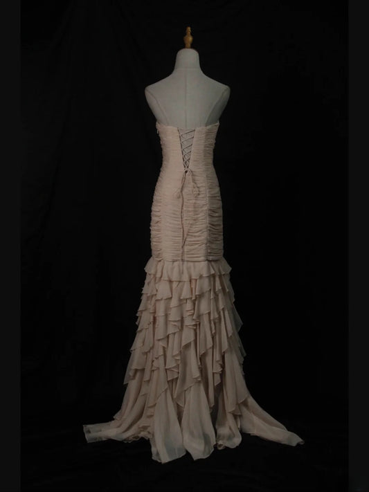 Vintage Mermaid Sweetheart Champagne Chiffon 1950s With Ruffled Layered Bodice Long Prom Dresses Inspo 18th Birthday Outfit Formal Gown AS453