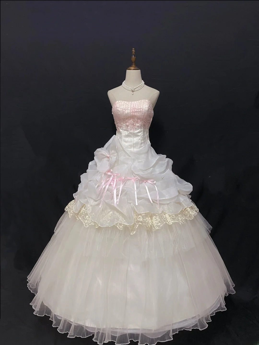 Aesthetic Ball Gown Strapless Pink Tulle Long With Tiered Layers Appliqued Quince Dress inspo Quinceanera Dresses Formal 18th Birthday Outfit RB7909