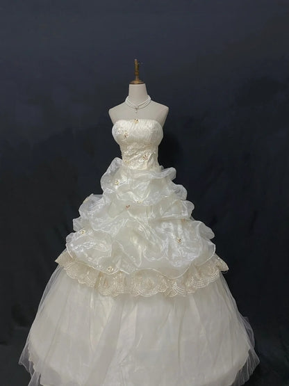 Aesthetic Ball Gown Strapless Organza Ivory Long With Tiered Layers Appliqued Quince Dress inspo Quinceanera Dresses Formal 18th Birthday Outfit RB7910
