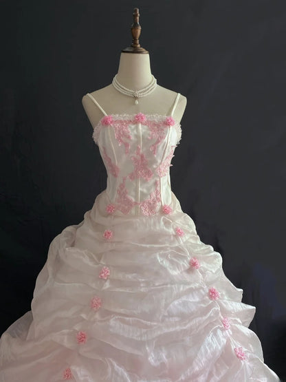 Princesses Ball Gown Spaghetti Straps Pink Tulle Long With Tiered Layers Flowers Quince Dress inspo Quinceanera Dresses Formal 16th Birthday Outfit RB7911