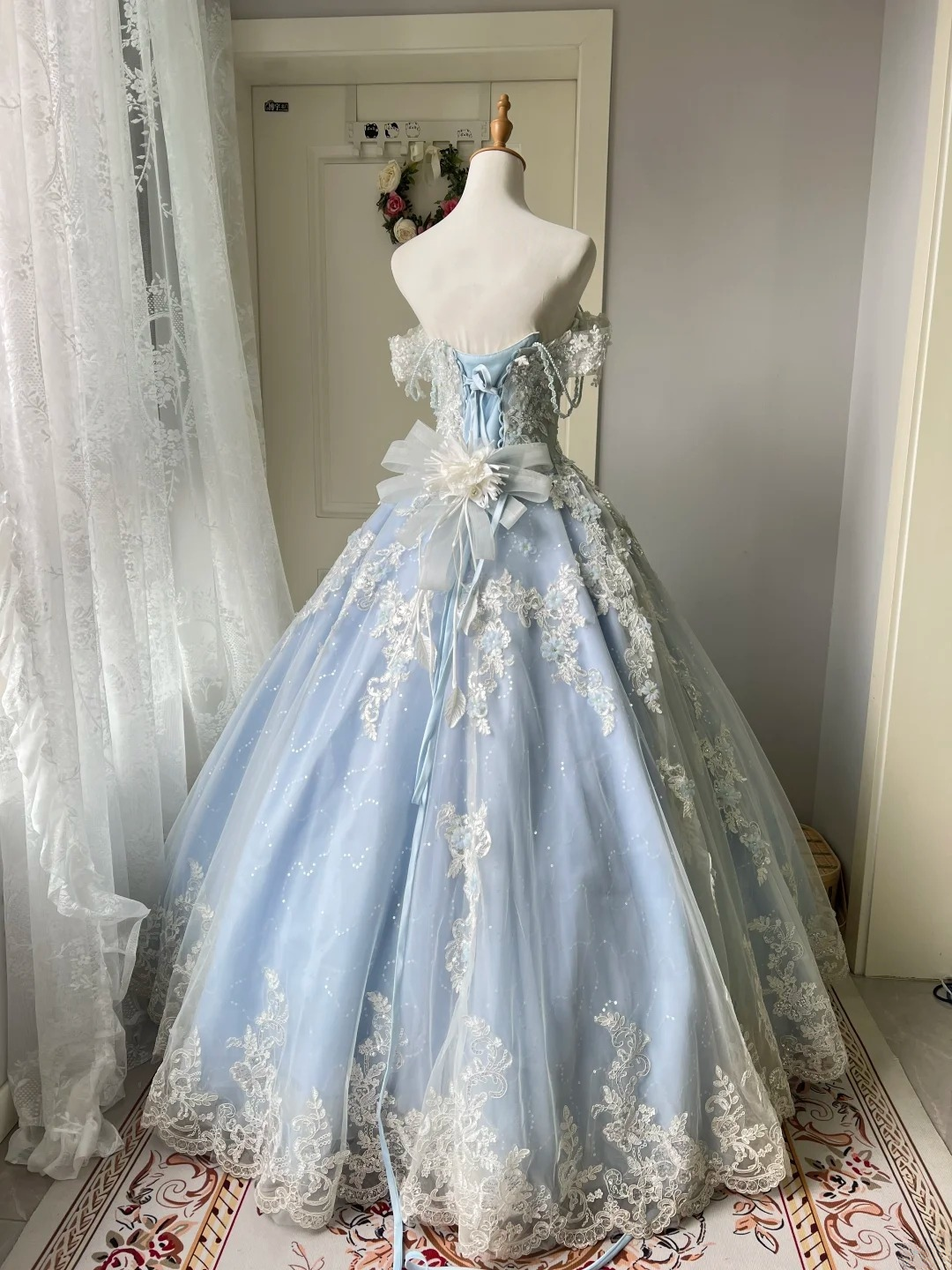 Sweet 15 Dress Quinceanera Dresses Ball Gown Spaghetti Straps Light Sky Blue With Lace Long 16th Birthday Outfits RC0772