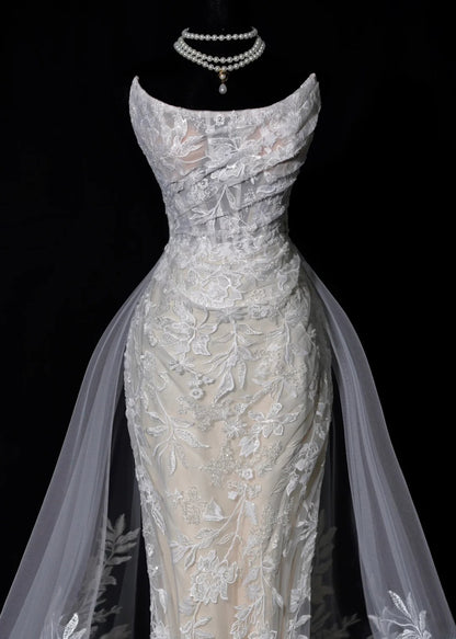 Romantic Long Wedding Dresses White Mermaid Strapless Lace Long Wedding Dress Style For Brides Fitted With Train Bridal Gowns AS456