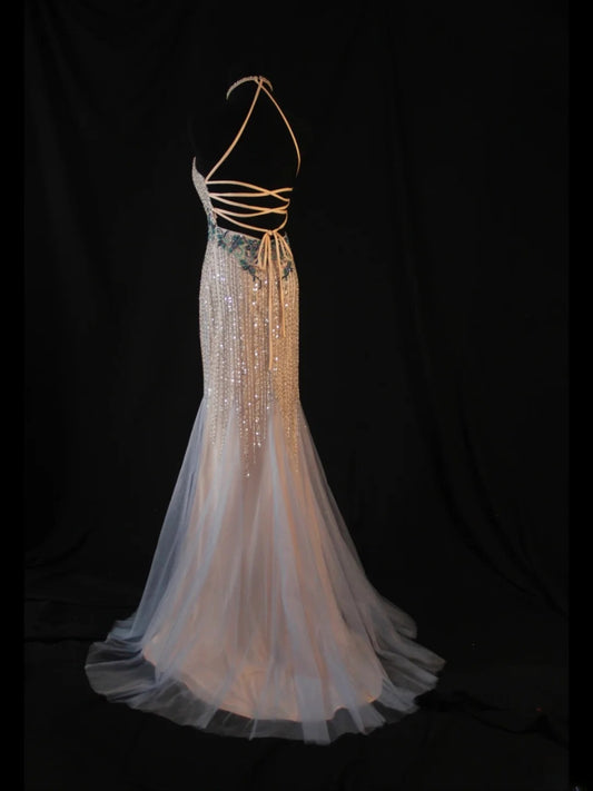 Vintage Mermaid Champagne Halter 70s With Beads Long Prom Max Dresses Inspo 18th Birthday Outfit Formal Dress For Women AS456