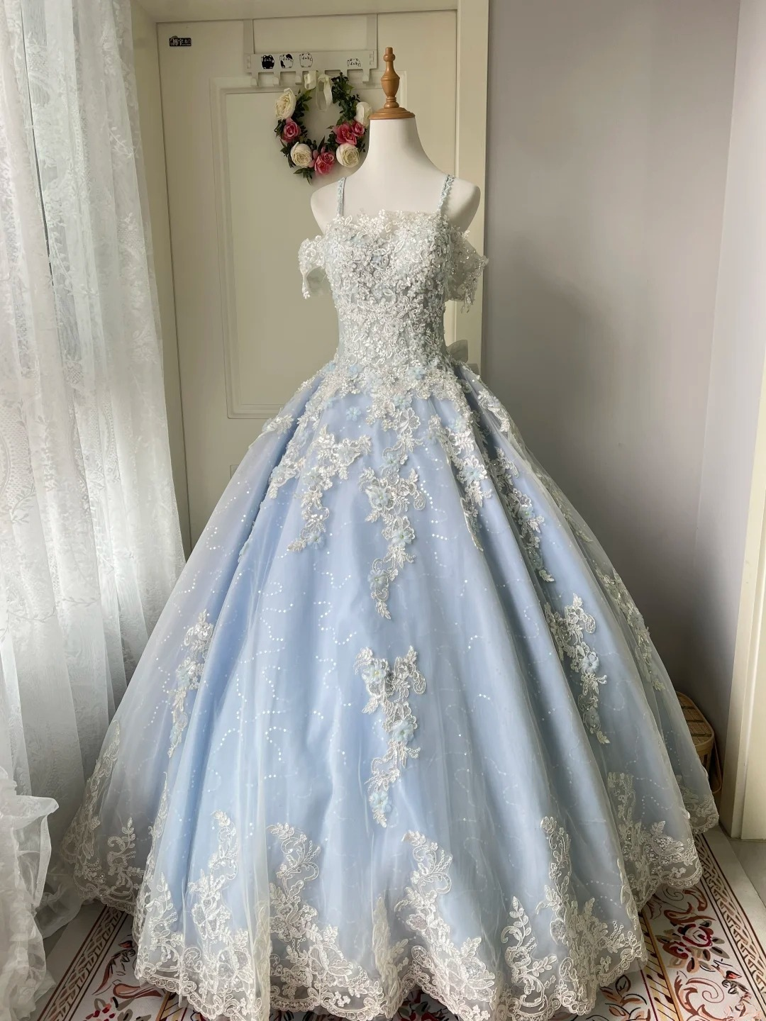 Sweet 15 Dress Quinceanera Dresses Ball Gown Spaghetti Straps Light Sky Blue With Lace Long 16th Birthday Outfits RC0772