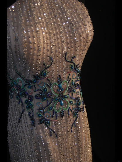 Vintage Mermaid Champagne Halter 70s With Beads Long Prom Max Dresses Inspo 18th Birthday Outfit Formal Dress For Women AS456
