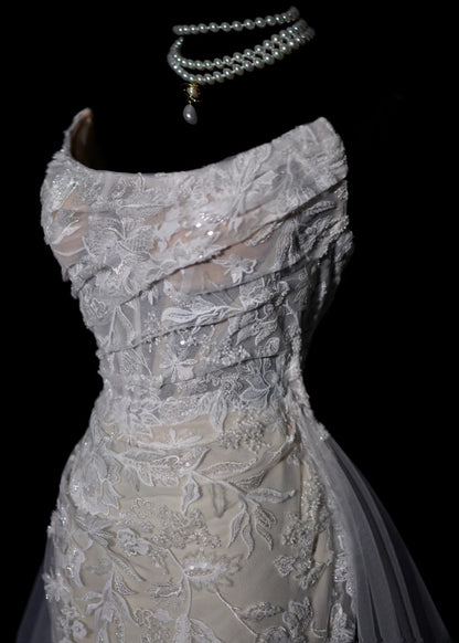 Romantic Long Wedding Dresses White Mermaid Strapless Lace Long Wedding Dress Style For Brides Fitted With Train Bridal Gowns AS456