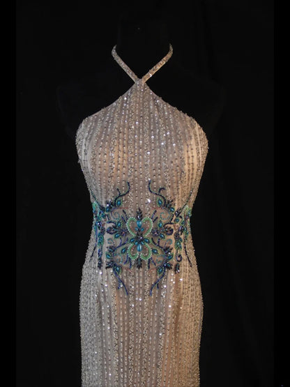 Vintage Mermaid Champagne Halter 70s With Beads Long Prom Max Dresses Inspo 18th Birthday Outfit Formal Dress For Women AS456