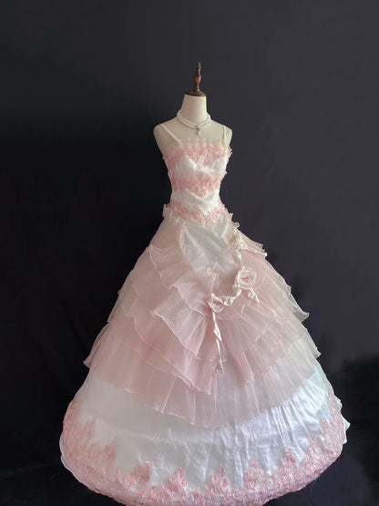 Princesses Ball Gown Spaghetti Straps Pink Tulle Long With Tiered Layers Flowers Quince Dress inspo Quinceanera Dresses Formal 16th Birthday Outfit RB7913