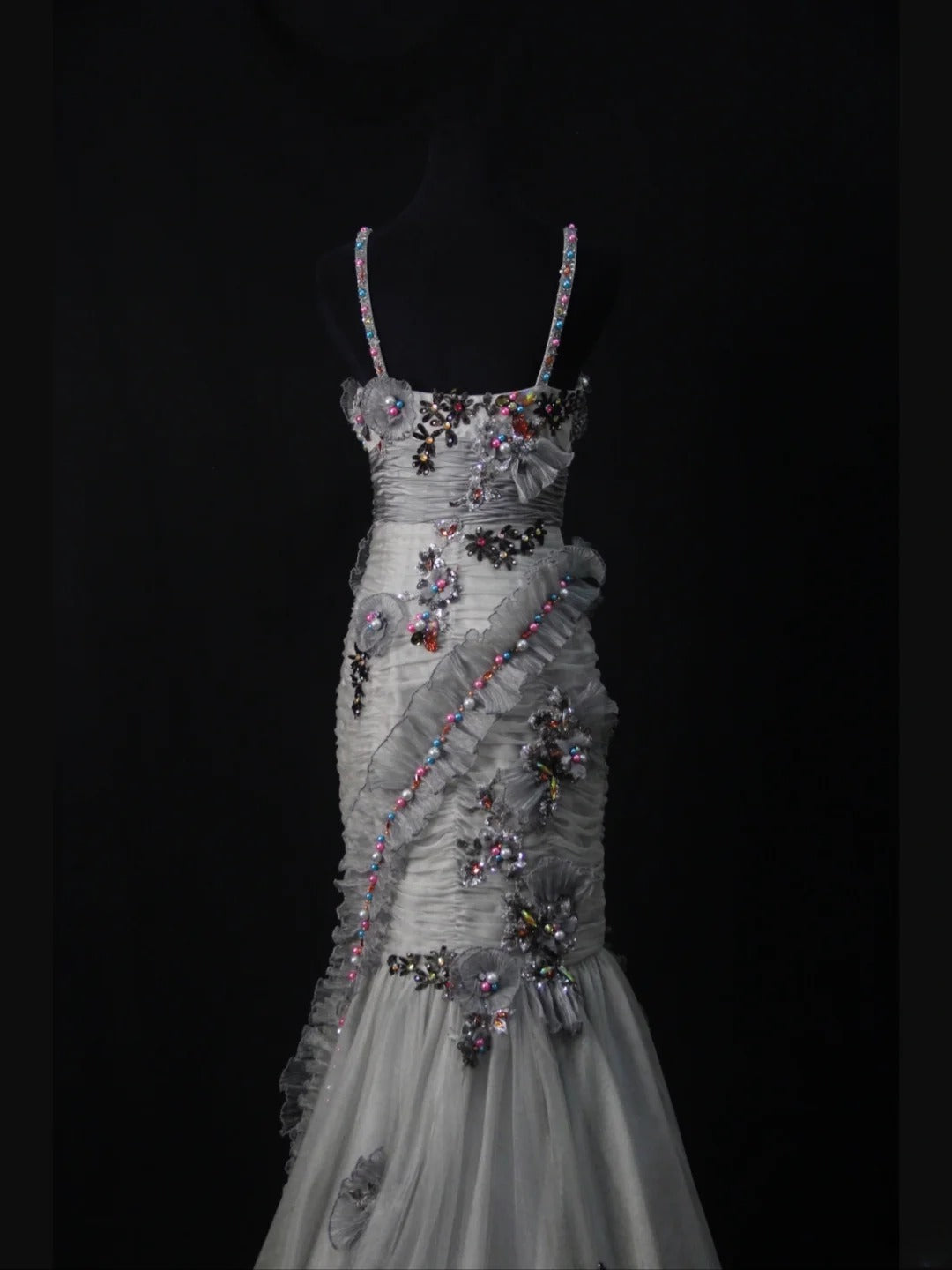 Vintage Mermaid Spaghetti Straps Silver Gray Tulle 70s With Beads Long Prom Max Dresses Inspo 18th Birthday Outfit Formal Dress For Women AS457