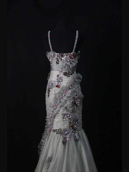 Vintage Mermaid Spaghetti Straps Silver Gray Tulle 70s With Beads Long Prom Max Dresses Inspo 18th Birthday Outfit Formal Dress For Women AS457