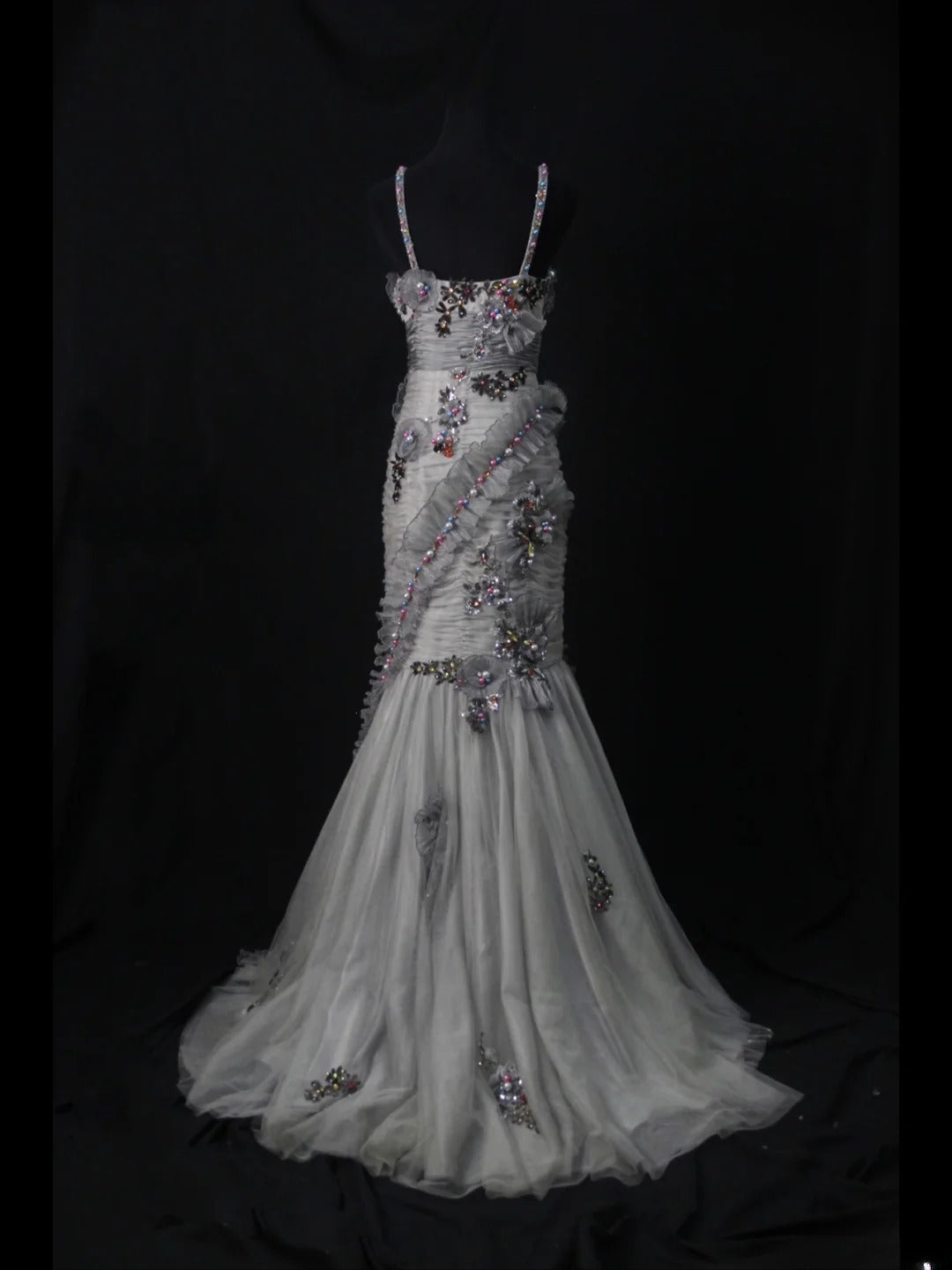 Vintage Mermaid Spaghetti Straps Silver Gray Tulle 70s With Beads Long Prom Max Dresses Inspo 18th Birthday Outfit Formal Dress For Women AS457