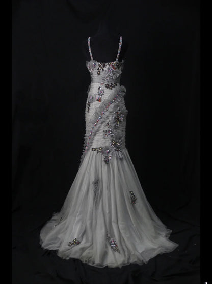 Vintage Mermaid Spaghetti Straps Silver Gray Tulle 70s With Beads Long Prom Max Dresses Inspo 18th Birthday Outfit Formal Dress For Women AS457