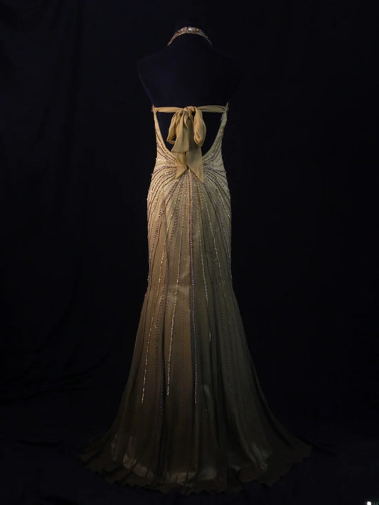 Vintage Mermaid Halter Gold Chiffon Backless 70s With Beads Long Prom Max Dresses Inspo 18th Birthday Outfit Formal Dress For Women AS458
