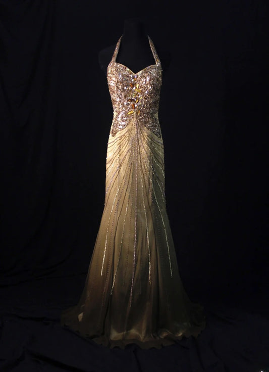 Vintage Mermaid Halter Gold Chiffon Backless 70s With Beads Long Prom Max Dresses Inspo 18th Birthday Outfit Formal Dress For Women AS458