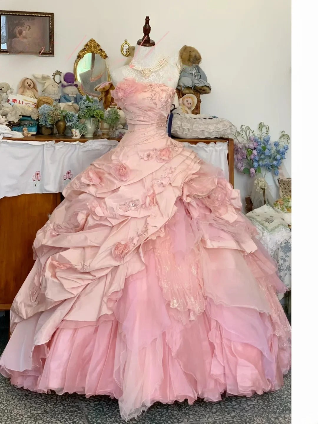 Sweet 16 Dress Ball Gown Strapless With Layers Flowers Pink Vestido De 15 Sweet Sixteen Dress RB9564