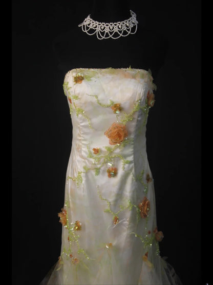 Vintage Mermaid Strapless Floral Tulle 1950s With Ruffled Flowers Layered Bodice Long Prom Dresses Inspo 18th Birthday Outfit Formal Gown AS459
