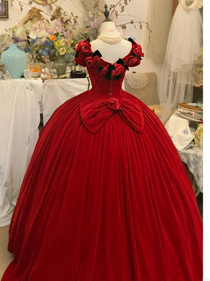 Sweet 16 Dress Ball Gown V Neck With Flowers Red Velvet Vestido De 15 Sweet Sixteen Dress RB9565
