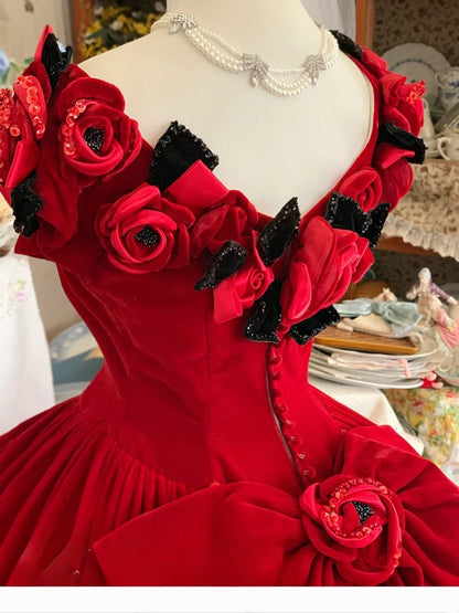 Sweet 16 Dress Ball Gown V Neck With Flowers Red Velvet Vestido De 15 Sweet Sixteen Dress RB9565