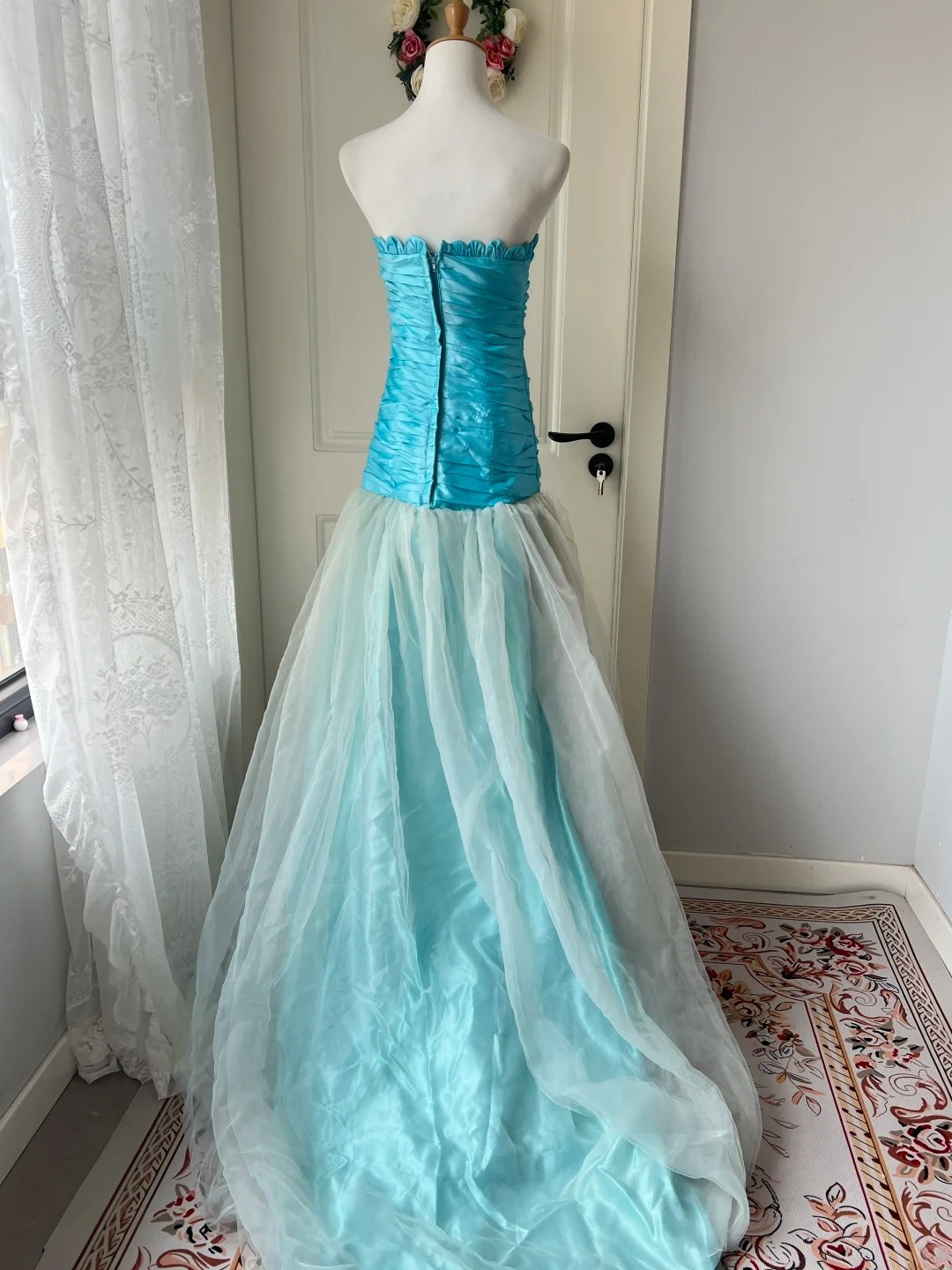 Elegant Prom Dresses Mermaid Strapless Blue Tulle Long Graduation Dance Outfits RC0777
