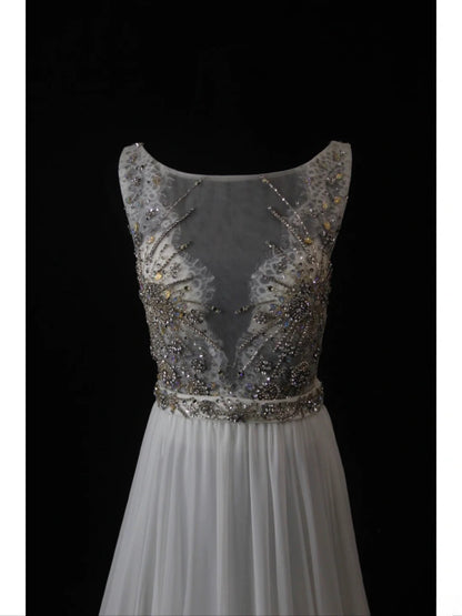 Vintage A Line Scoop Silver Gray Lace Tops Chiffon 80s With Beaded Bodice Long Prom Dresses Inspo Birthday Outfit Formal Dress For Women AS462